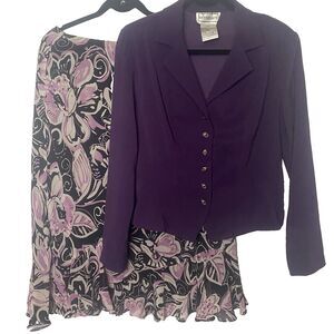 KARIN STEVENS 2 Piece Skirt Blouse Set Purple Floral Midi Ruffle Vintage 80s 10